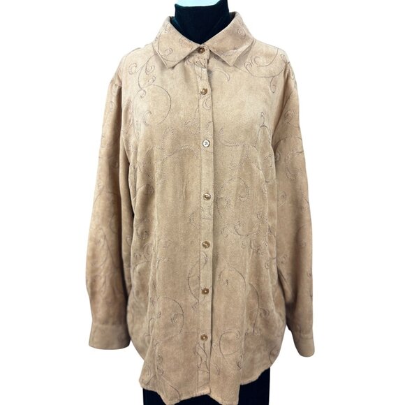 NEW Croft & Barrow Womens XL Embroidered Button Blouse Top Shirt Boho Brown Tan - Picture 4 of 9